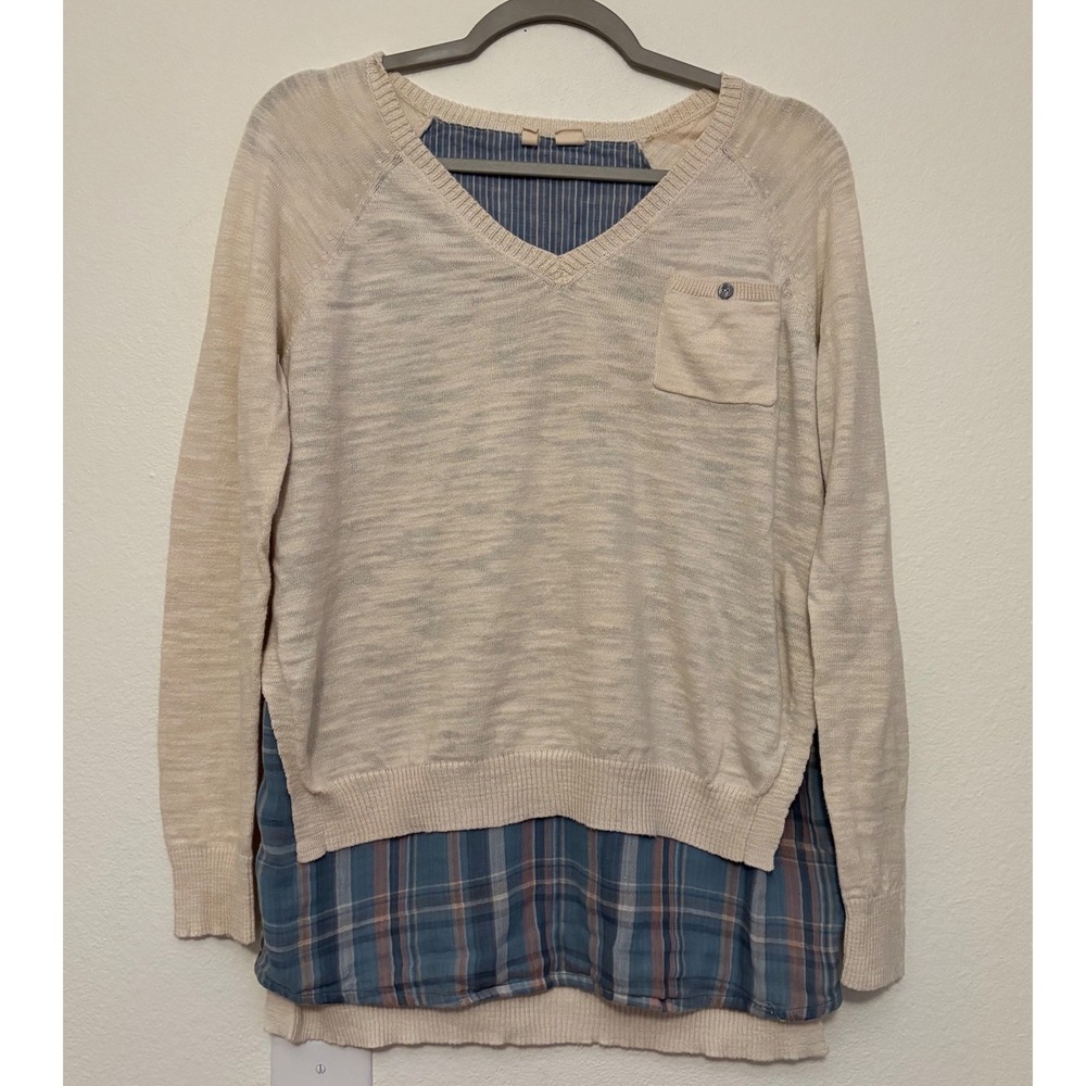 Moth Anthropologie Mixed Media Layered Sweater Plaid V-Neck Cream Blue Medium a5